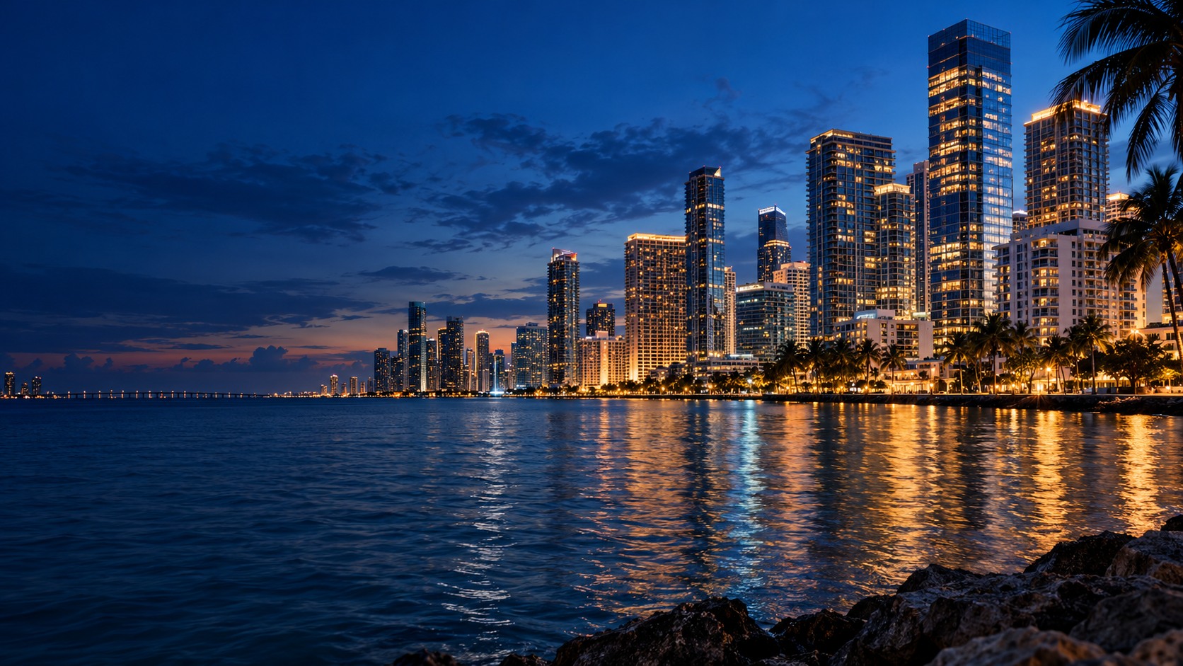 Conceptual Miami waterfront at blue hour