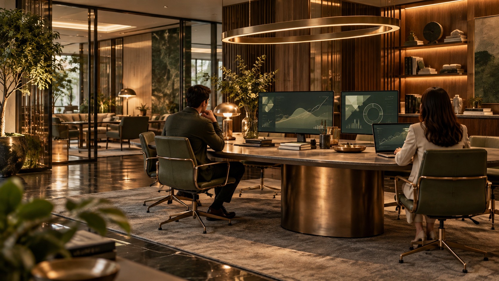 Conceptual financial research workspace with collaborative analysis